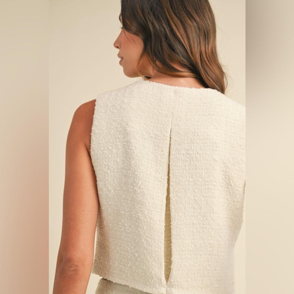 54. Sleeveless Tweed Top and Skirt Set with Jeweled Buttons in Cream - Picture 11 of 11